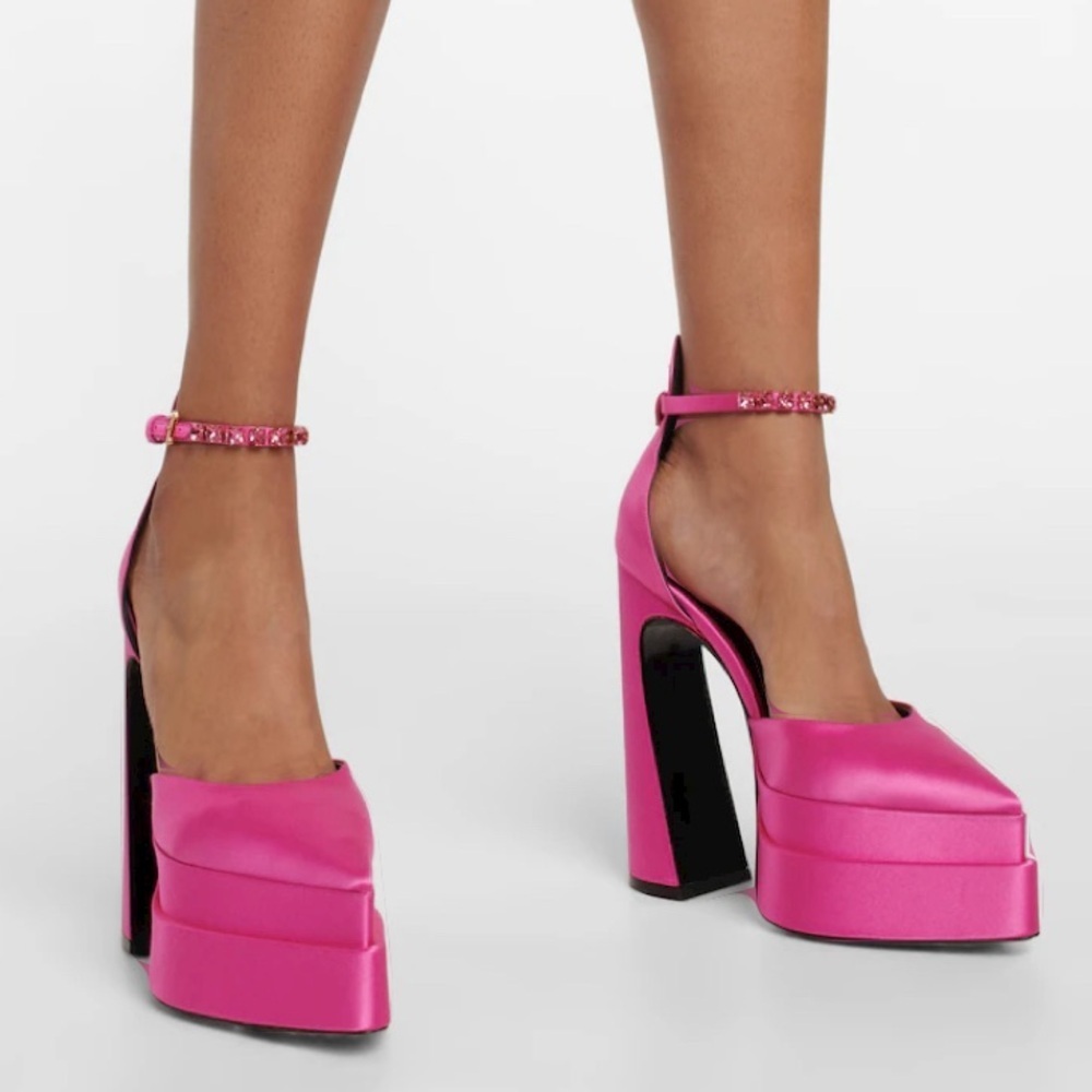 VERSACE Decollete Pink Lemonade Satin Platform Crystal Pointy Heels EU 40 - Picture 5 of 16